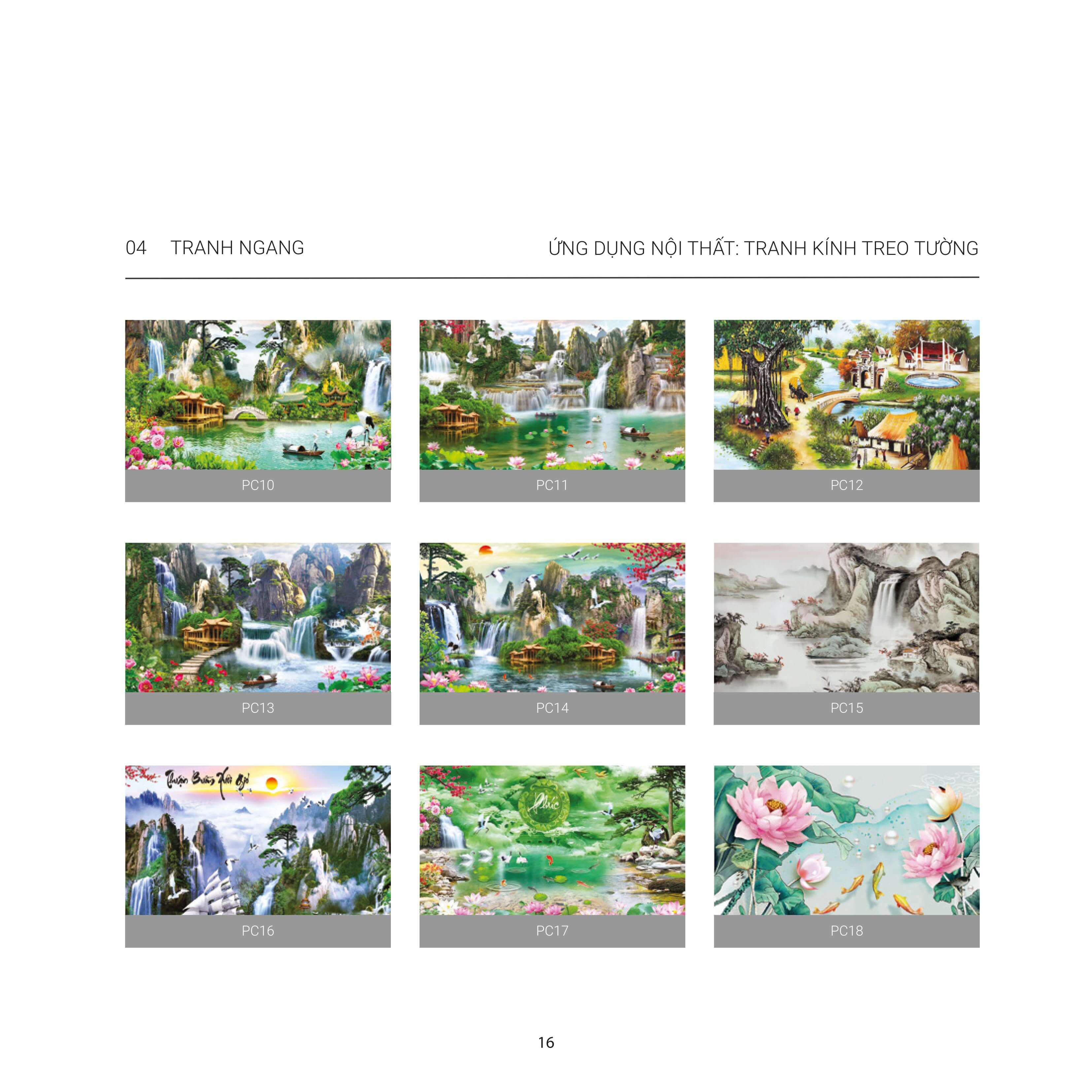 Catalogue tranh kính treo tường phong cảnh thiên nhiên và hoa sen mã PC10 đến PC18